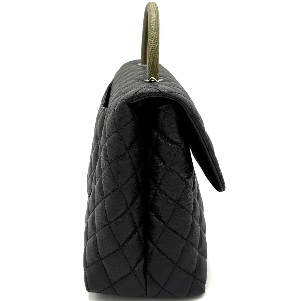Black Coco Handle Medium Caviar Leather and Lizard Handle Bag